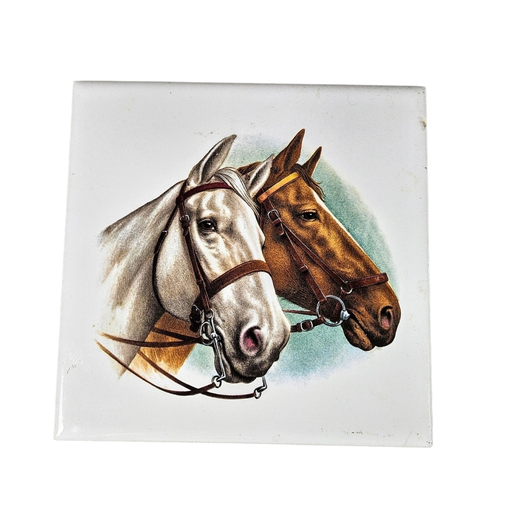 Vintage Hyalyn Ceramic Tile Horse Equestrian Heads Trivit 6x6 in #505